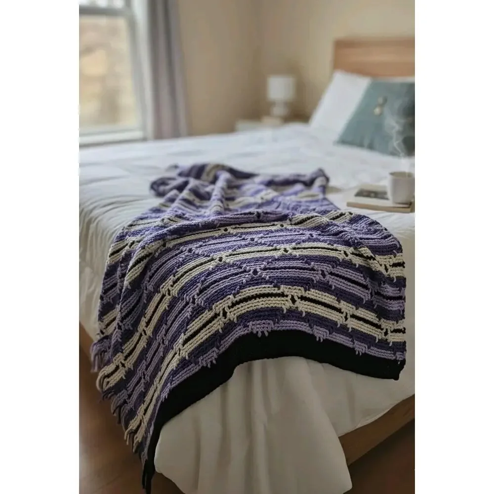 Purple White‎ Striped Grannycore Cottagecore Crochet Fringe Throw Afghan 56
